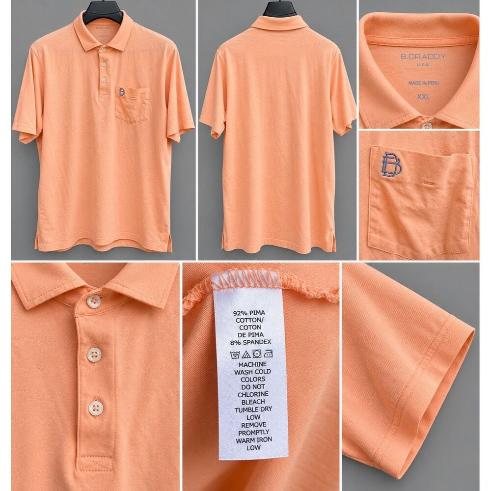 B. Draddy Men's Liam Pima Cotton Pocket Golf Polo in Peach / Melba Size XXL EUC